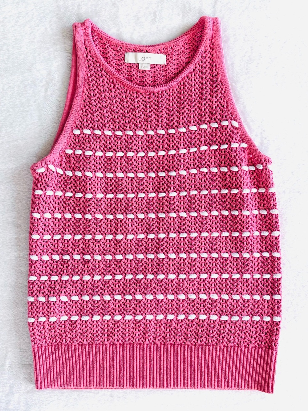 LOFT Sweater Knit Tank, Bobble Basket Weave Stripes, Coral Pink & White, Size S